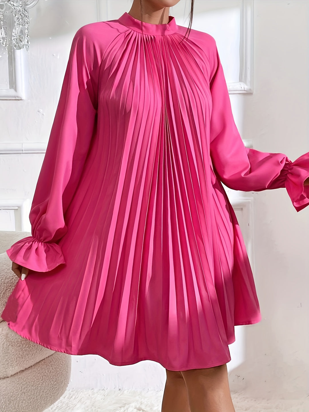 Elegant Solid Color Pleated Dress for Women, Casual and Comfortable Long Sleeve Dress