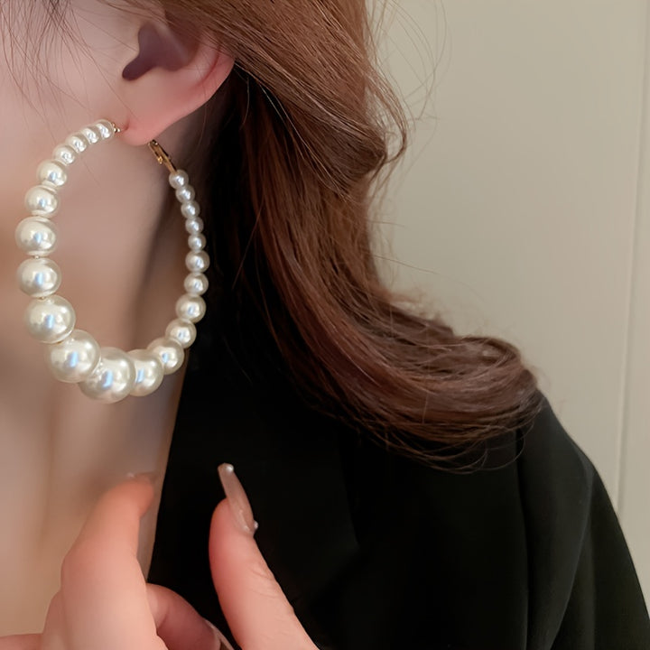 Full Faux Pearl Decor Hoop Earrings Elegant Classic Style Delicate Gift For Women Girls Daily Casual