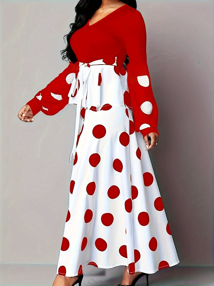 Plus Size Polka Dot Print Dress, Elegant Ruffle Trim Long Sleeve Maxi Dress, Women's Plus Size Clothing