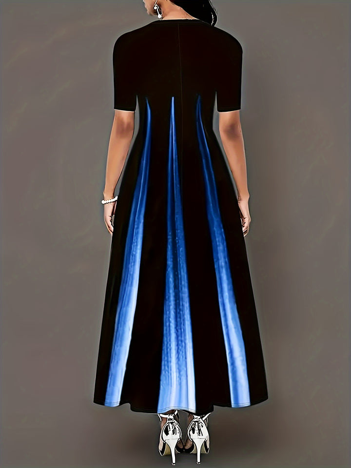 Plus Size Casual Dress, Women's Plus Colorblock Short Sleeve Round Neck Maxi Dress With Pockets