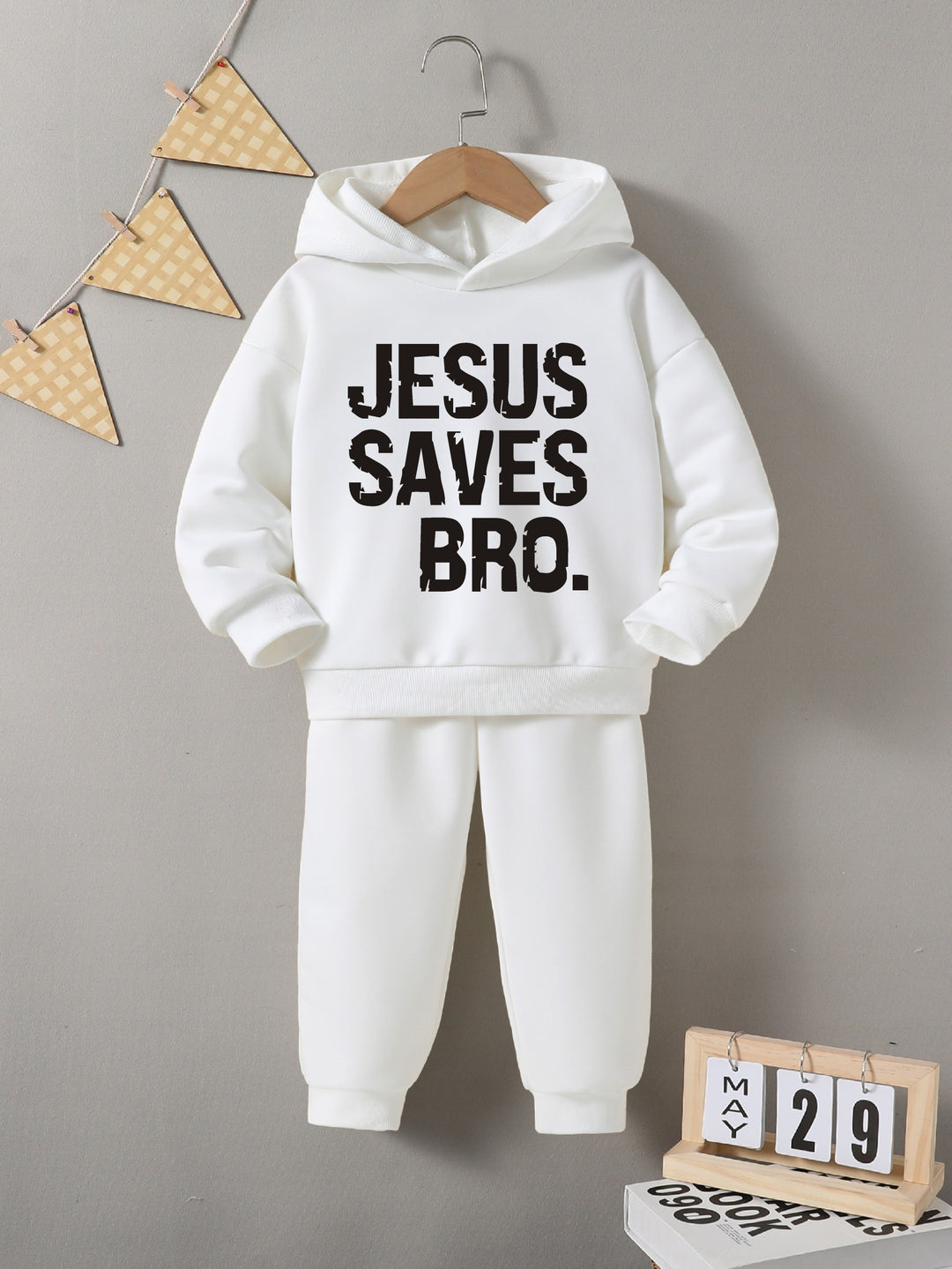 2pcs "Jesus Saves Bro" Print Outfit For Boys, Hoodie & Sweatpants Set, Trendy Hooded Long Sleeve Top, Kid's Clothes For Spring Fall Winter, As Gift