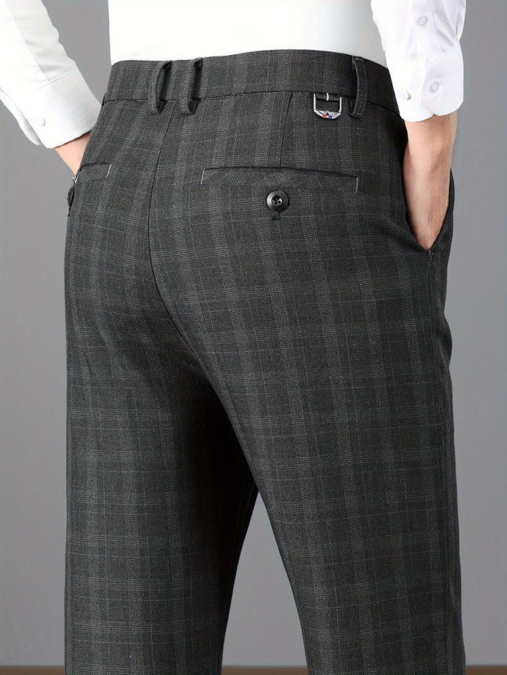 Elegant Plaid Slacks, Men's Casual Vintage Style Slightly Stretch Dress Pants