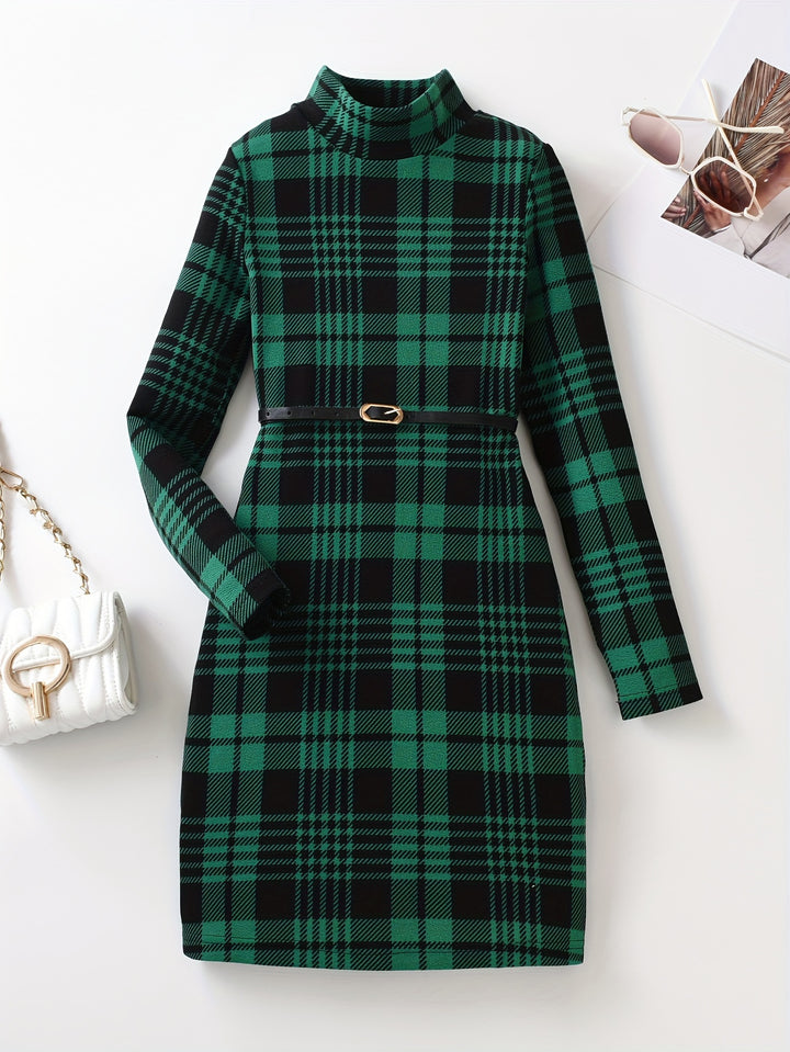 Vintage Girls' Plaid Turtleneck Long Sleeve Dress Kids Clothes For Fall Party