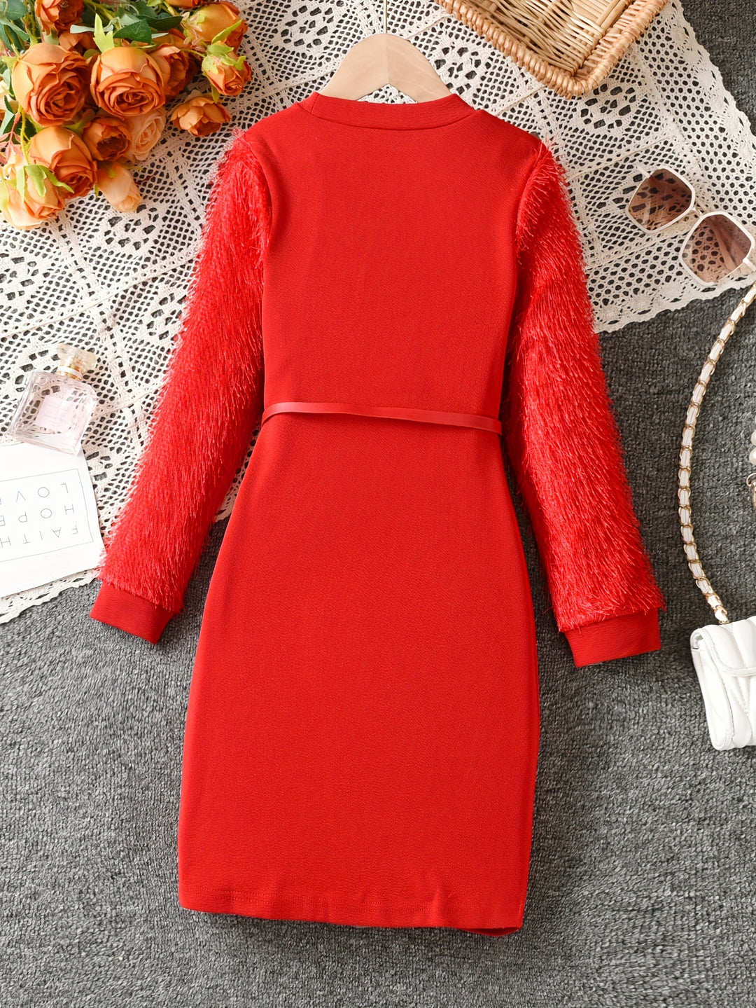 Girls Elegant Crew Neck Long Sleeve Dress With Belt Solid Dress Spring Fall Gift