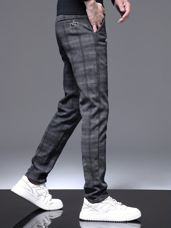 Retro Style Checkered Men's Casual Long Slim Fit Pants With Multi Pocket, Spring Fall Outdoor