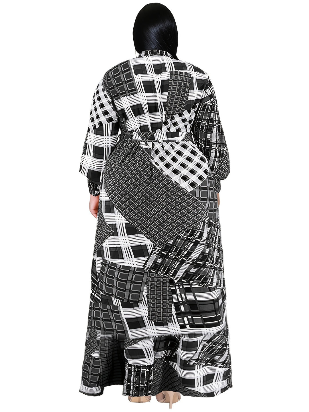 Elegant Plus Size Maxi Dress with Graphic Print and Lantern Sleeves, Perfect for All Seasons