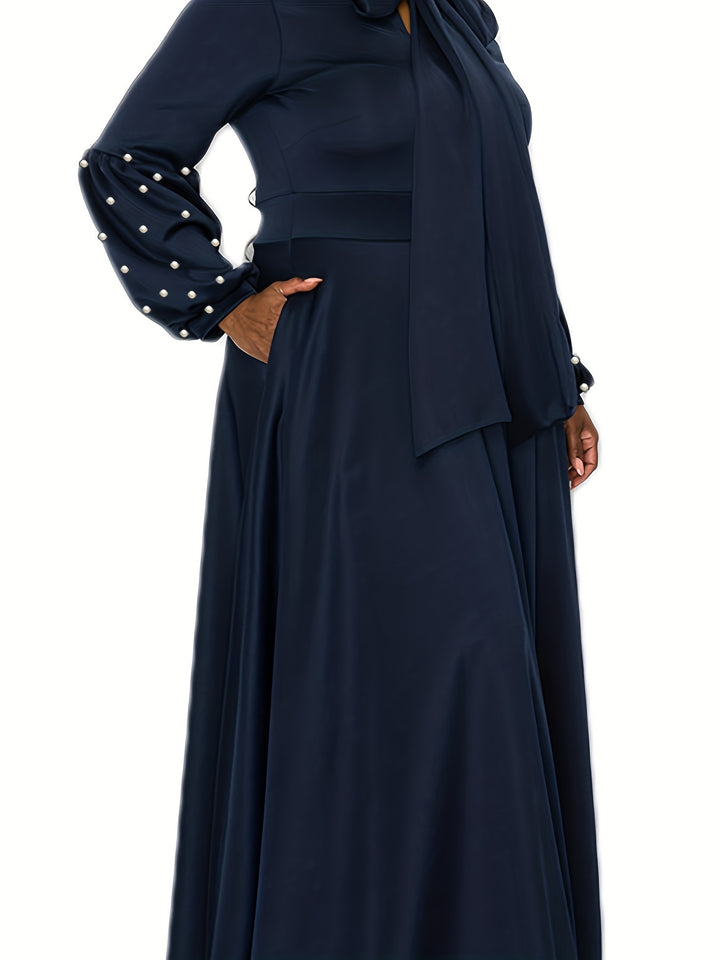 Plus Size Elegant Dress, Women's Plus Plain Faux Pearl Decor Knot Front Loose Fit Maxi Party Dress