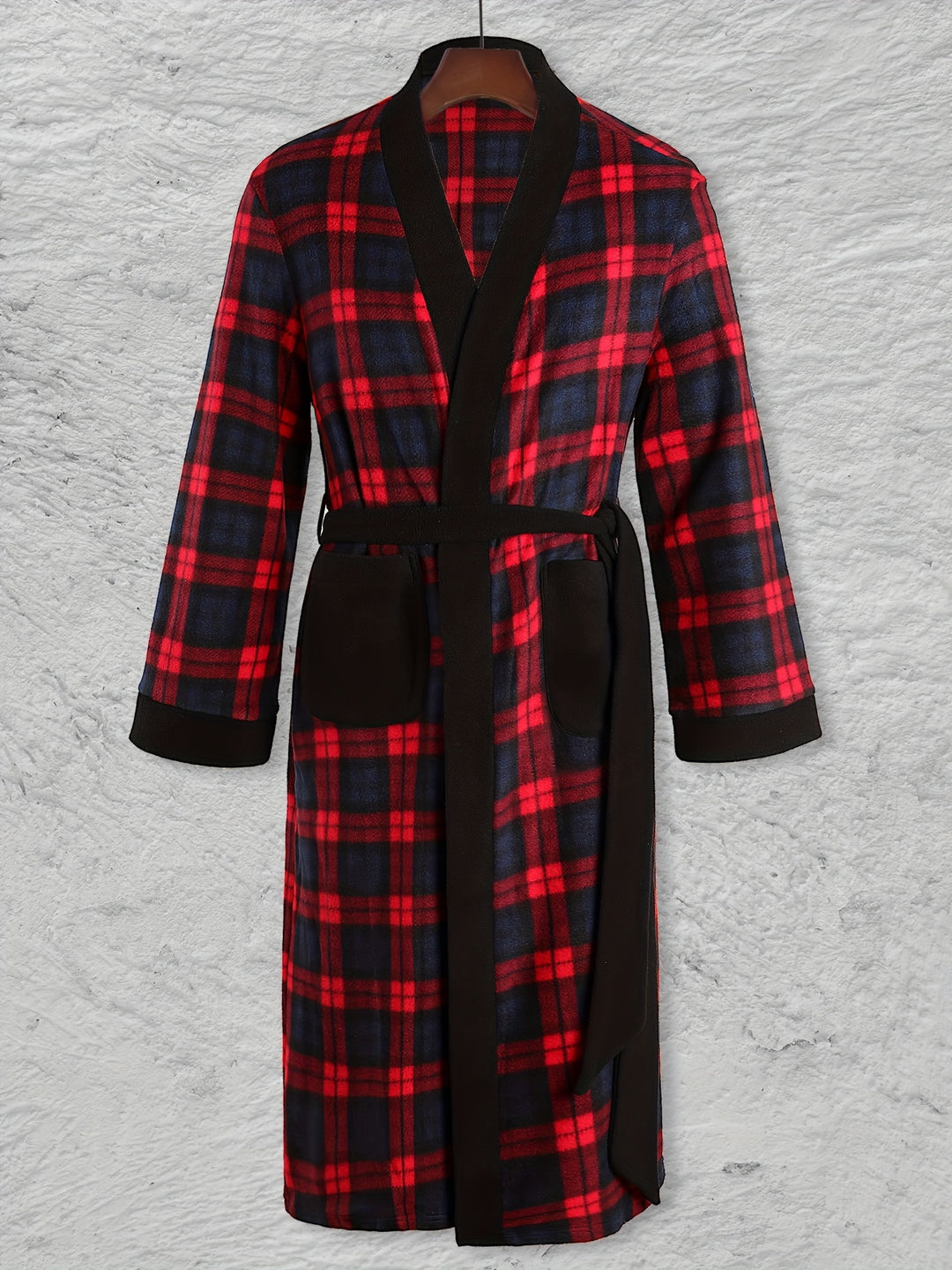 Men's Comfy Plaid Fleece Robe Home Pajamas Wear With Pocket One-piece Lace Up Kimono Night-robe Warm Sets After Bath