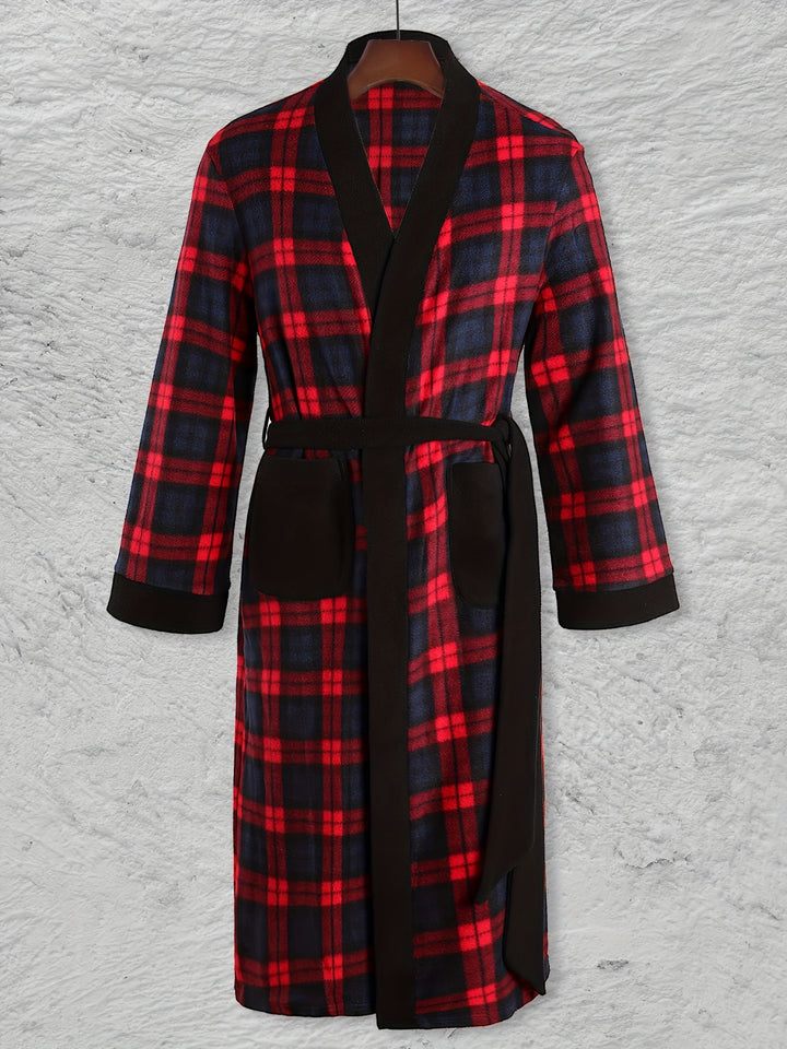 Men's Comfy Plaid Fleece Robe Home Pajamas Wear With Pocket One-piece Lace Up Kimono Night-robe Warm Sets After Bath