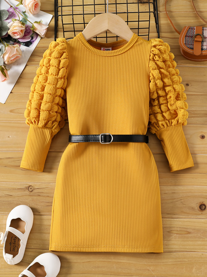 Toddler Girls Bubble Long Sleeves Gorgeous Rib Knit Tunic Dress (Belt Is Not Included)