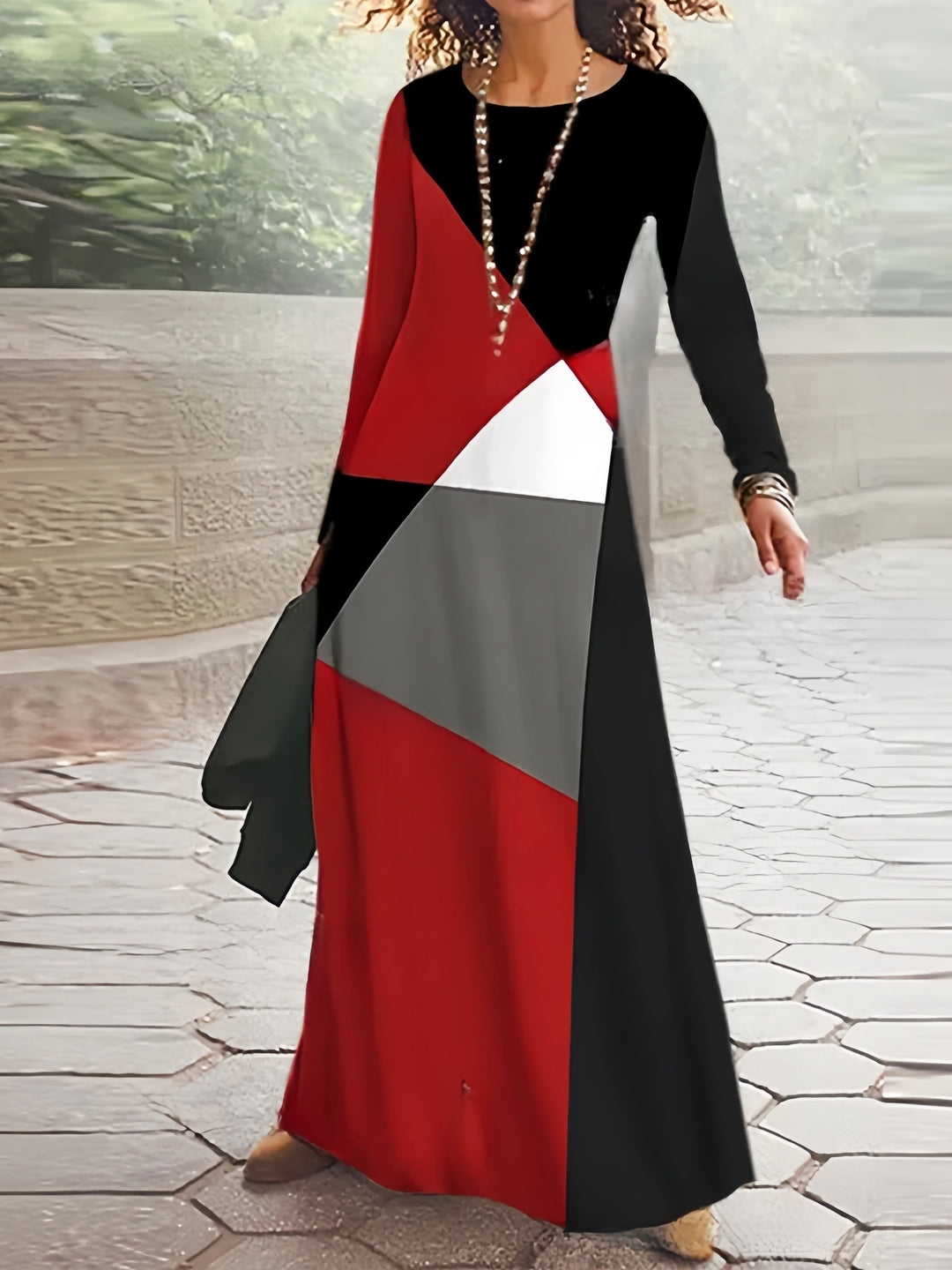 Plus Size Casual Dress, Women's Plus Colorblock Long Sleeve Round Neck Slight Stretch Maxi Dress