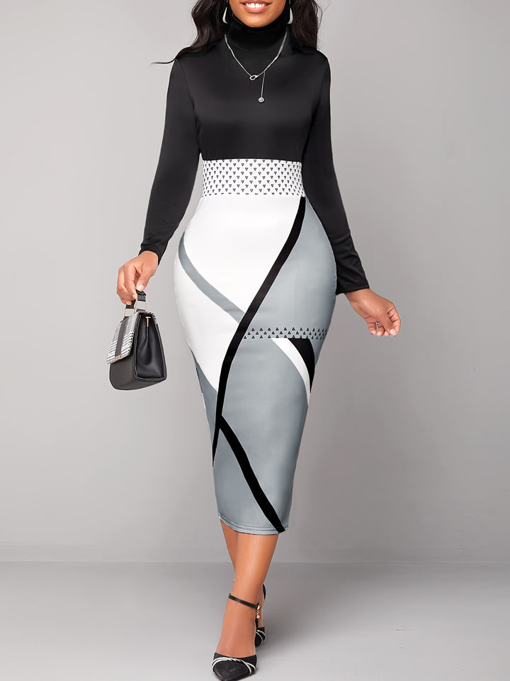 Color Block Long Sleeve Pencil Dress, Elegant Turtle Neck Slim Dress For Fall & Winter, Women's Clothing