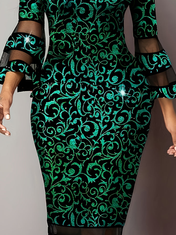 Plus Size Elegant Dress, Women's Plus Braque Print Contrast Mesh Trumpet Sleeve V Neck Slim Fit Party  Dress