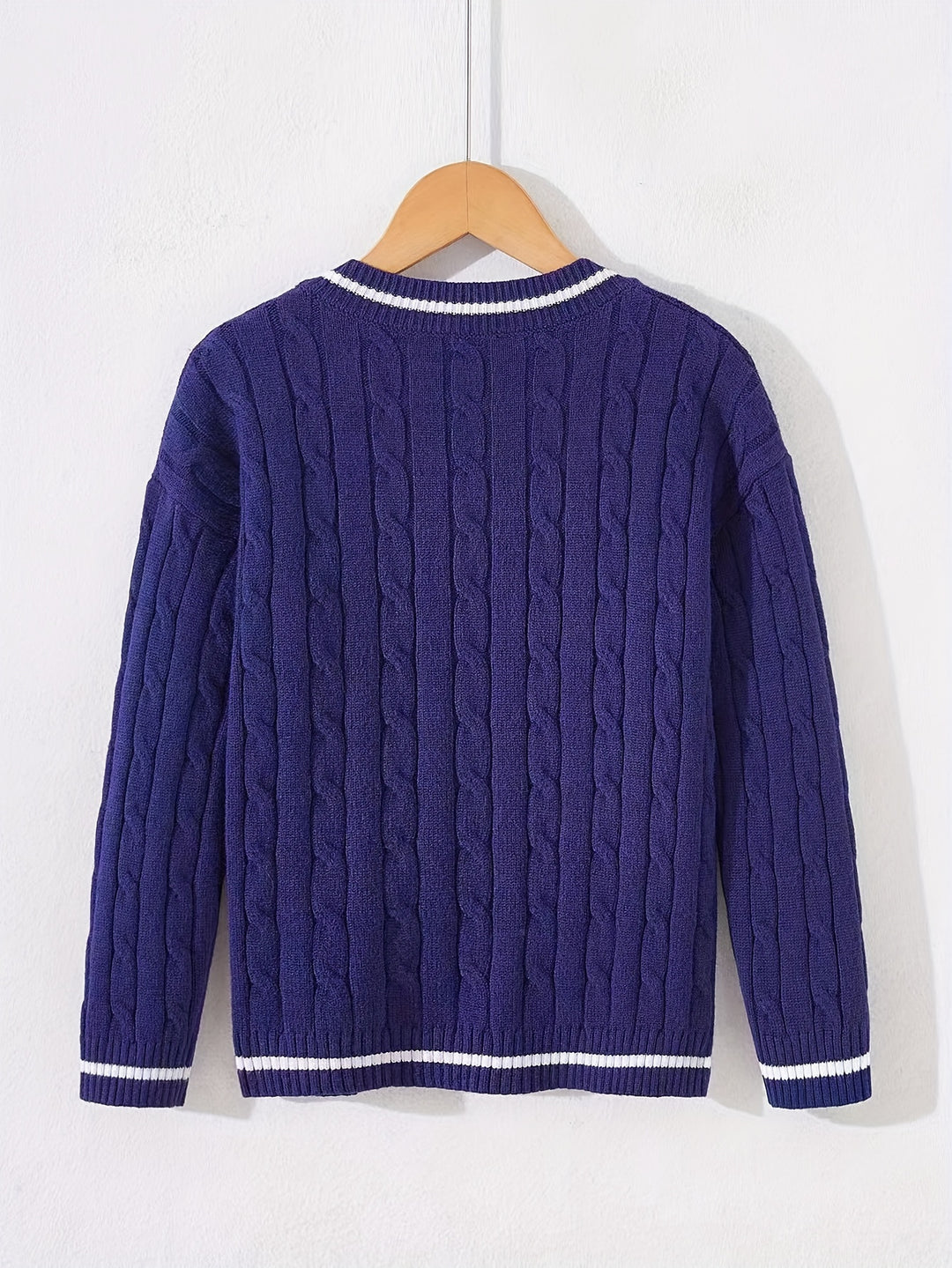 Kid's Preppy Style V-neck Sweater, Cable Knit Pullover, Causal Long Sleeve Top, Boy's Clothes For Spring Fall Winter