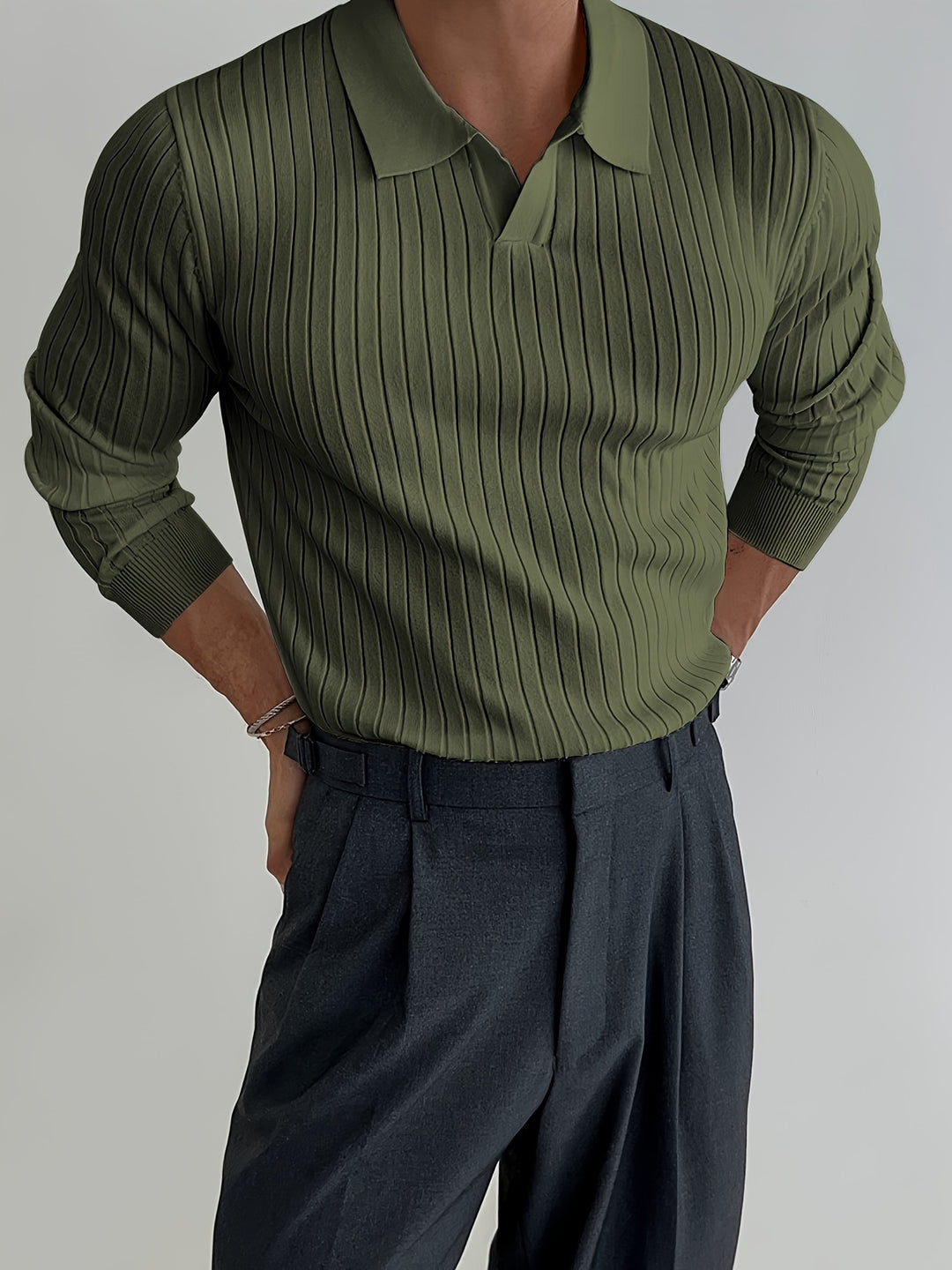 Solid Chic Knit Shirt, Men's Casual Lapel Slightly Stretch V-Neck Pullover Sweater For Autumn Winter
