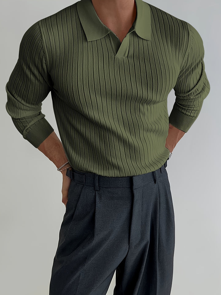 Solid Chic Knit Shirt, Men's Casual Lapel Slightly Stretch V-Neck Pullover Sweater For Autumn Winter