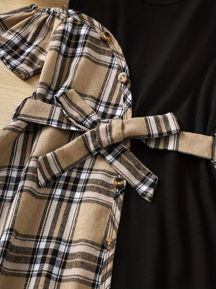 Girls' Asymmetric Plaid Stitching Short Sleeve Casual Dress For Party Holiday Outfit (Dress Length Measured Excluded The Asymmetrical Part)