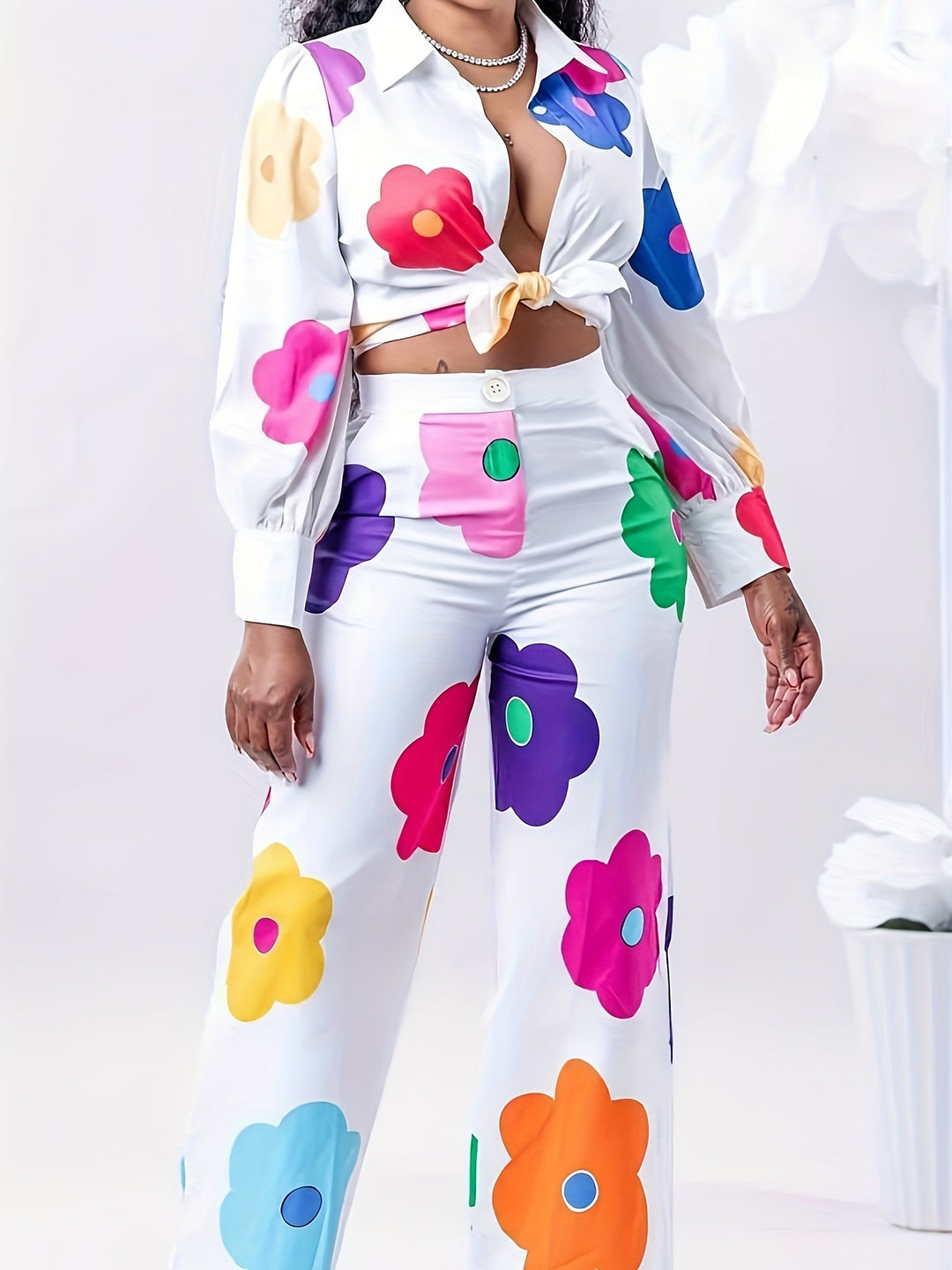 Plus Size Cute Outfits Set, Women's Plus Colorful Floral Print Long Sleeve Button Up Shirt & Pants Vacay Outfits 2 Piece Set