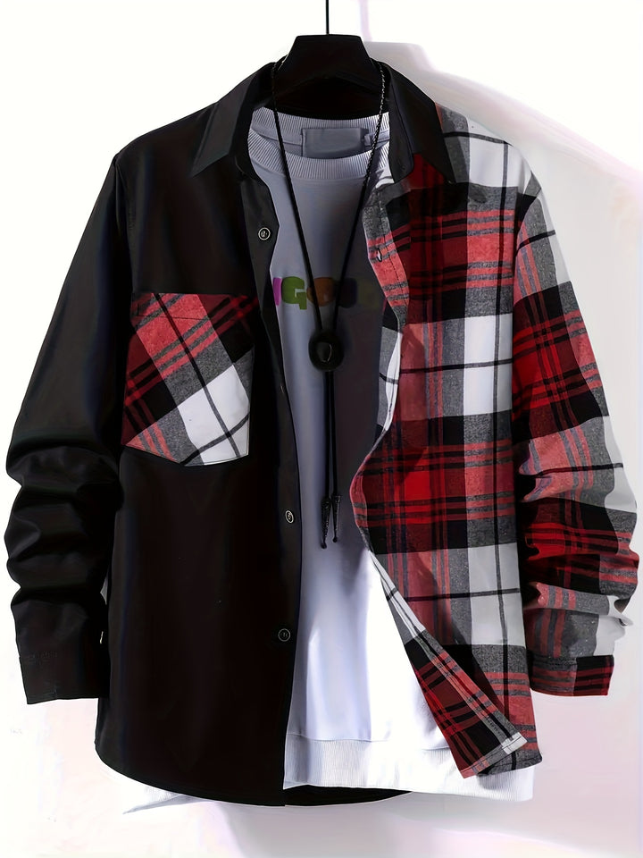 Boy's Plaid Button Down Shirt, Kids Lapel Color Block Trendy Long Sleeve Casual Tee Tops With Pocket For All Season