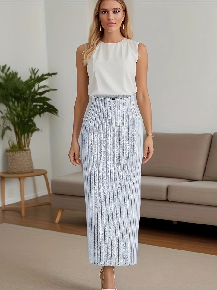Plus Size Casual Skirt, Women's Plus Solid Ribbed Elastic High Rise High Stretch Maxi Midi Skirt