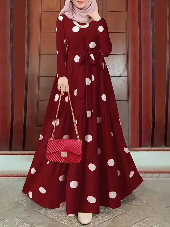Polk -dot Print Tie Waist Abayas, Elegant Long Sleeve Ruffle Hem Maxi Dress, Women's Clothing