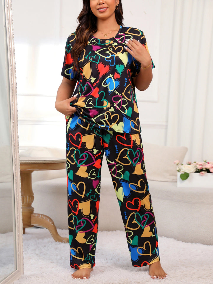 Plus Size Casual Pajamas Set, Women's Plus Colorful Heart Print Short Sleeve Round Neck Tee & Pants Lounge Two Piece Set