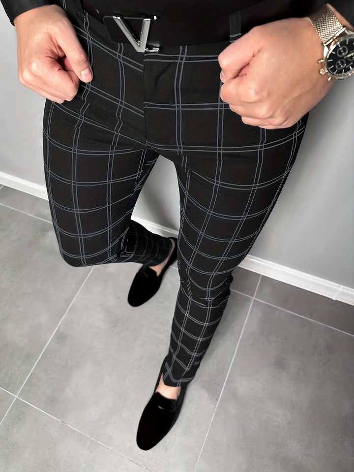 Slim Fit Plaid Slacks, Men's Casual Vintage Style Slightly Stretch Dress Pants For Business Banquet