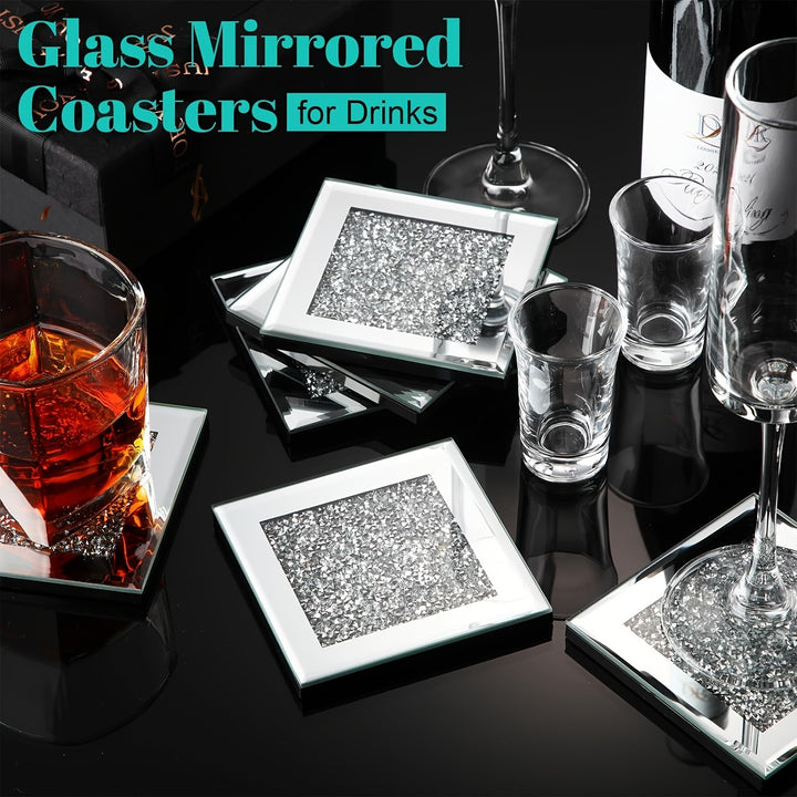 4pcs/set Crystal Crushed Diamond Glass Insulated Coasters ,Fashionable Noble Glass Mirror, Square Coasters, Suitable For Tea Coasters, Coffee Mats, Placemats, Party Table Top Bar Table Decoration Supplies