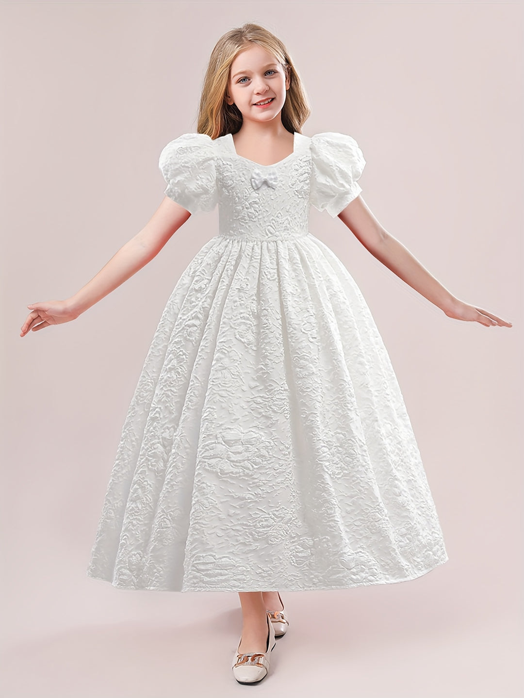 Girls Puff Sleeve Embroidered Princess Dress With Bowknot For Party Wedding Kids Special Occasion Clothing