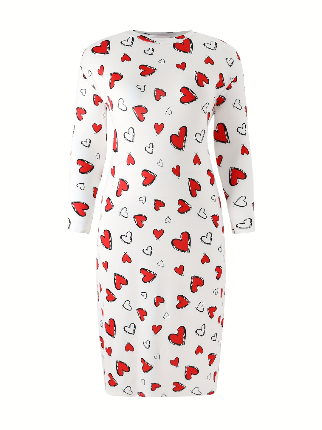 Women's Valentine's Day Casual Lounge Dress, Plus Size Heart Print Long Sleeve Round Neck Sleep Dress