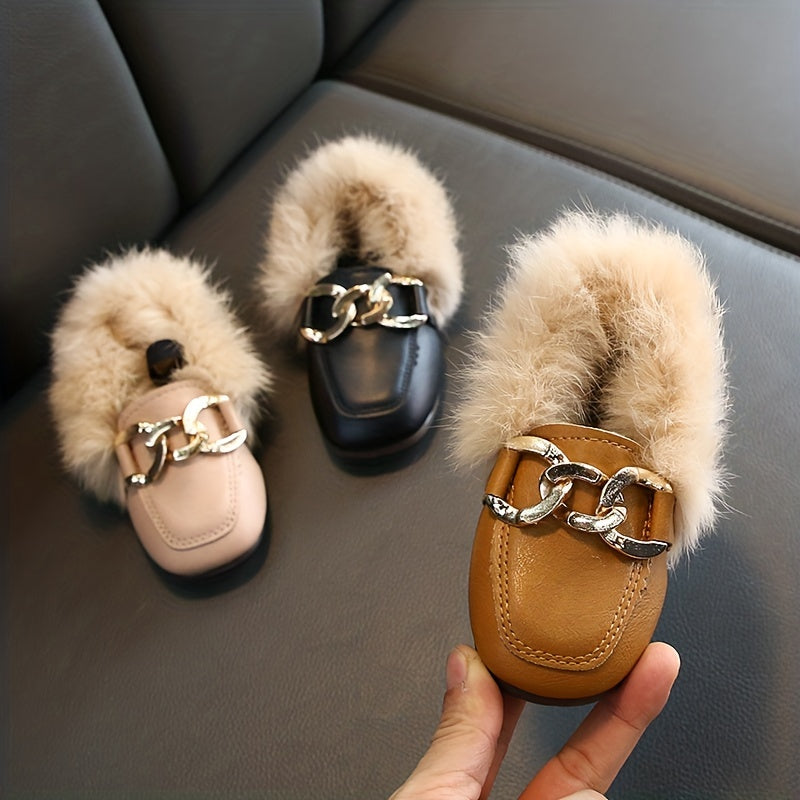 Girl's Furry Loafer Shoes, Solid Trendy Non Slip Soft Sole Thermal Sneakers, Winter & Autumn