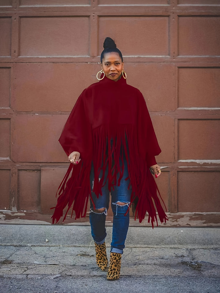 Plus Size Trendy Top, Women's Plus Solid Batwing Sleeve Mock Neck Fringe Trim Cloak Top