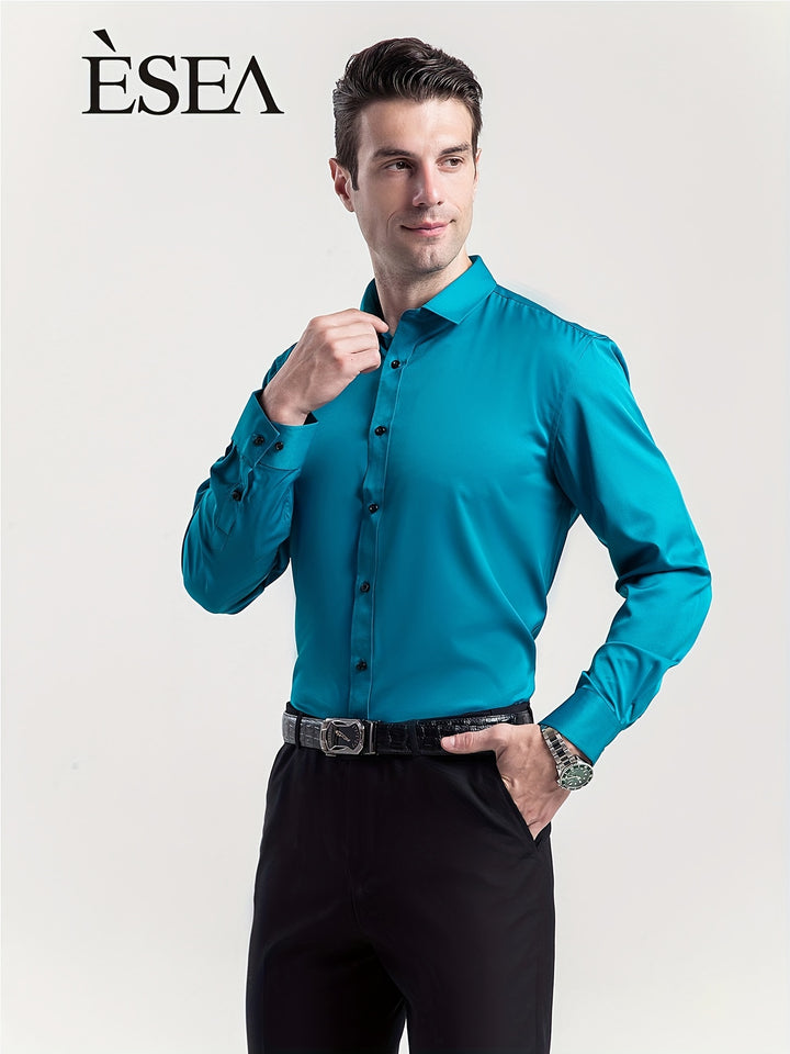 ESEA Men's Europe And The United States Dress Shirt Conventional Version Of Pure-color Non-pocket Wrinkle-free Business Casual Slim Long-sleeved Shirt Elastic Europe And The United States Plus-size Button-up Commuter Dress Shirt Jacket