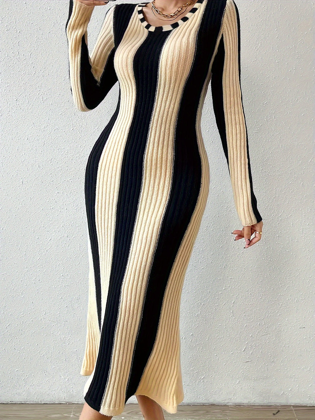 Stripe Color Block Dress, Bodycon Crew Neck Long Sleeve Dress, Women's Clothing