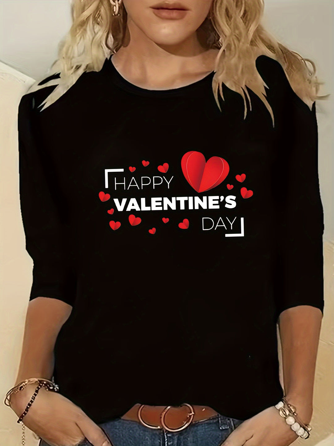 Women's Valentine's Day T-shirt, Plus Size Heart & Slogan Print Long Sleeve Round Neck T-shirt