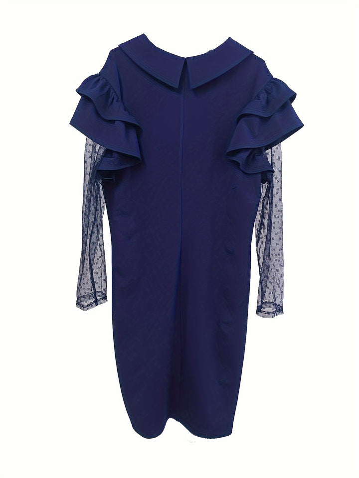Plus Size Elegant Dress, Women's Plus Swiss Contrast Mesh Ruffle Trim Long Sleeve Lapel Collar Bodycon Midi Dress