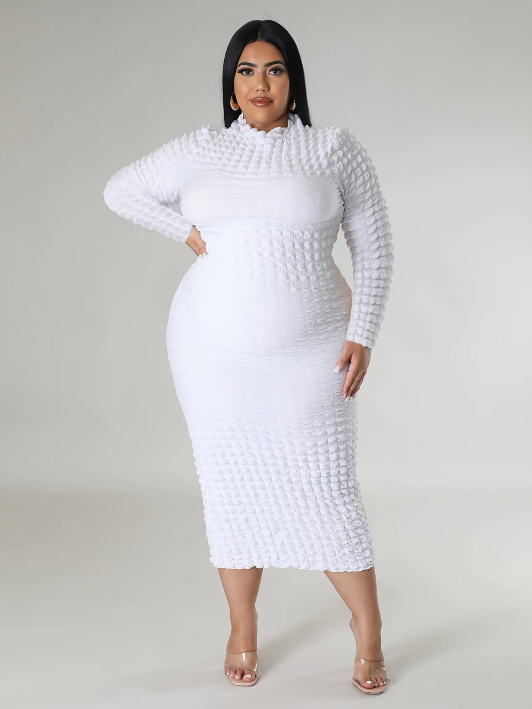 Plus Size Casual Dress, Women's Plus Solid Crinkle Long Sleeve High Neck Slim Fit Midi Dress