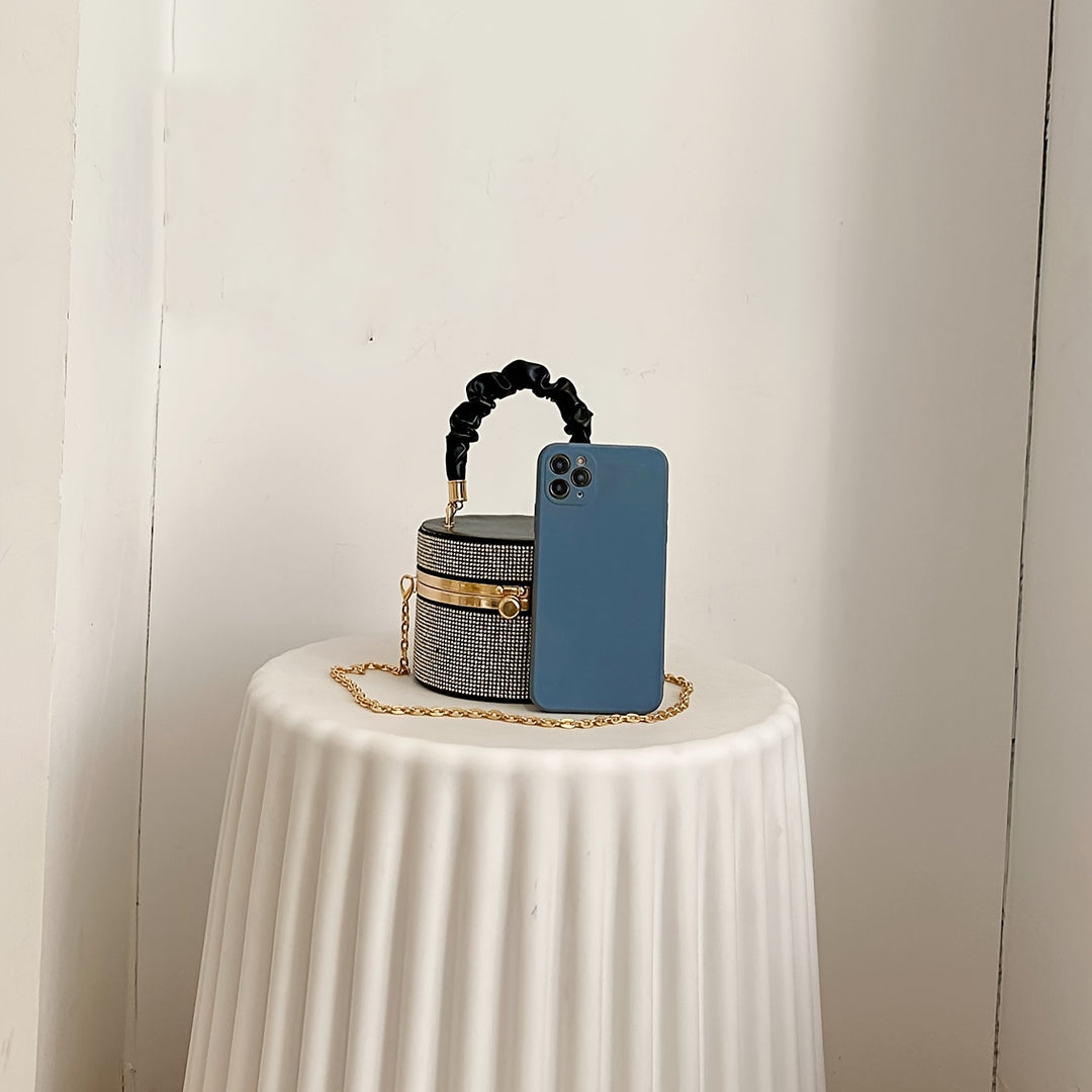 Mini Allover Rhinestone Handbag, Ruched Detail Evening Bucket Bag, Stylish Chain Shoulder Purse For Party (3.9*4.7*4.7) Inch