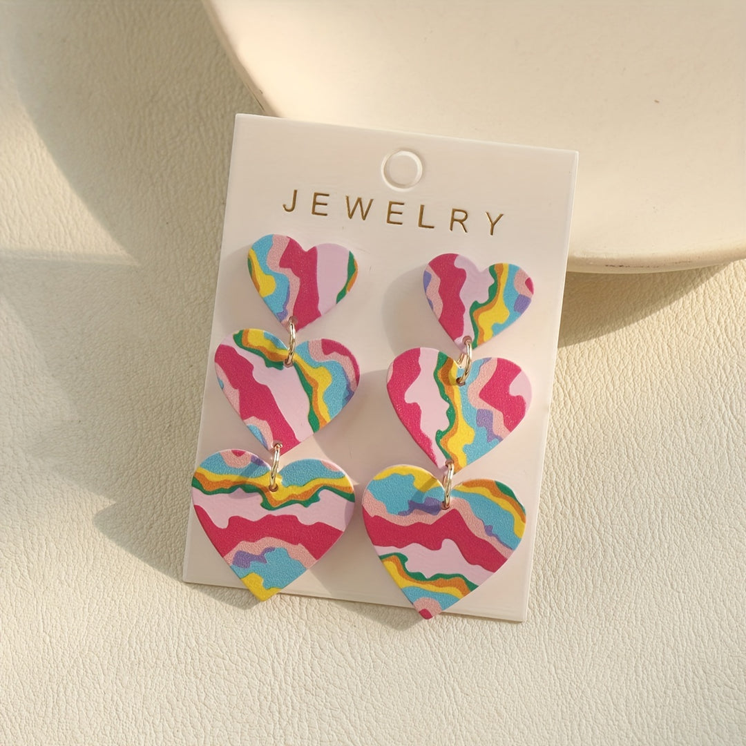 Red & White Heart Design Long Dangle Earrings Cute Y2K Style Acrylic Jewelry Trendy Gift For Lovers TRIO earrings