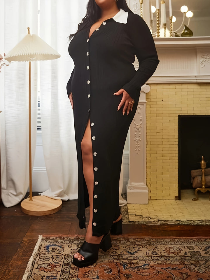 Plus Size Colorblock Button Front Dress, Casual Collared Long Sleeve Midi Dress, Women's Plus Size Clothing