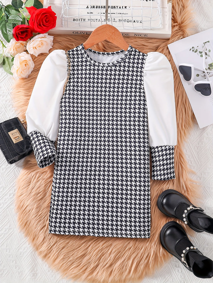 Toddler Girls Elegant Houndstooth Pattern Dress Long Sleeve Dresses For Spring And Autumn, Party, Everyday