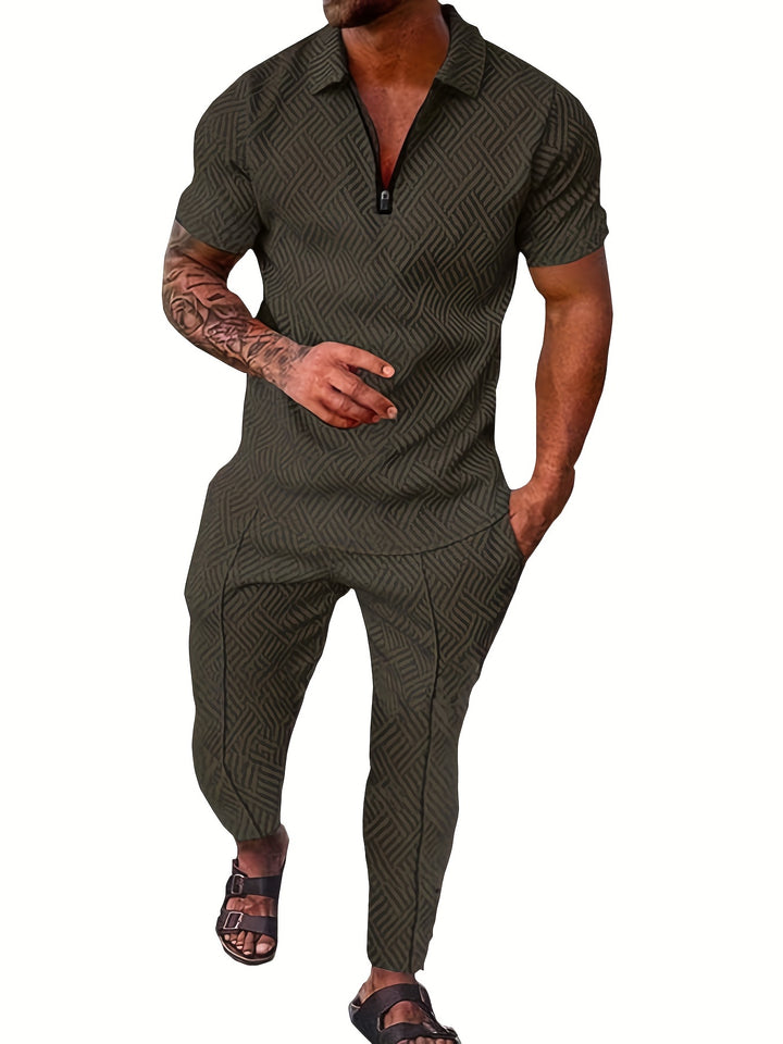 Men's 2Pcs Outfits Top & Pants Set, Casual Short Sleeve Shirt And Tapered Pants Set, Men's Clothing
