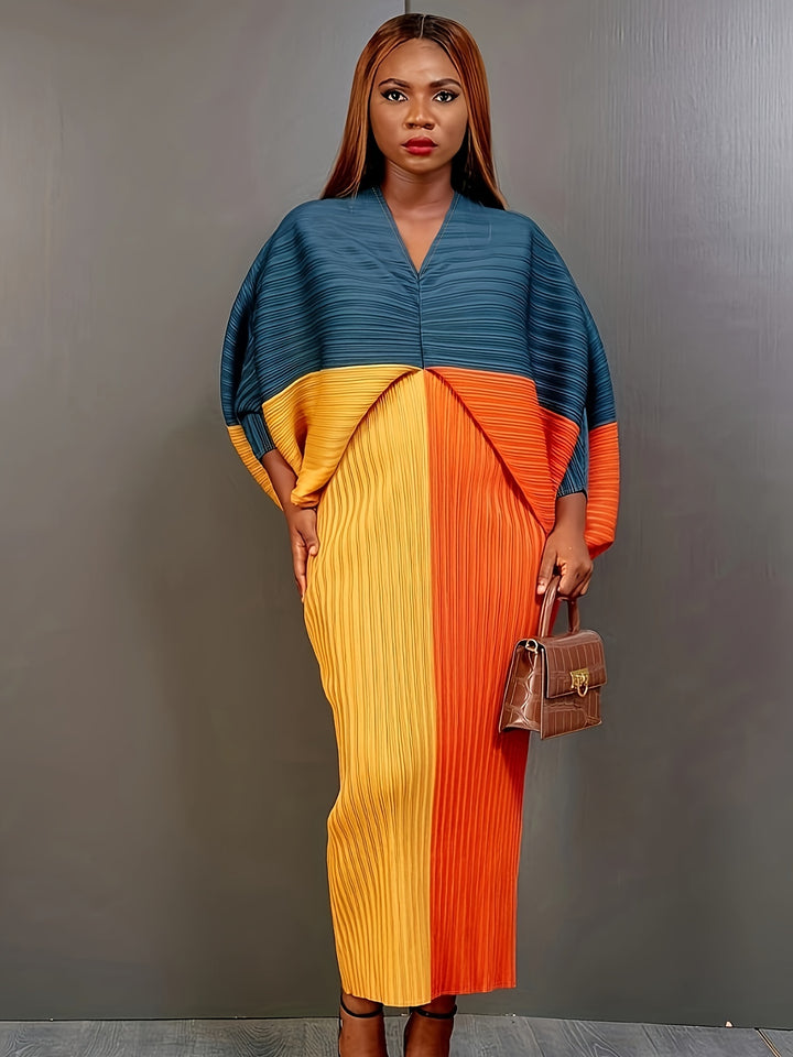 Color Block Batwing Sleeve Dress, Casual V Neck Bodycon Maxi Dress, Women's Clothing