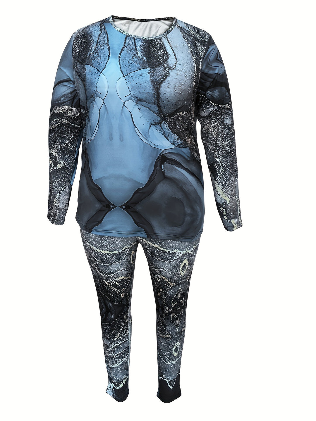 Plus Size Casual Outfits Set, Women's Plus Graphic Print Long Sleeve Round Neck Tee & Leggings Outfits 2 Piece Set