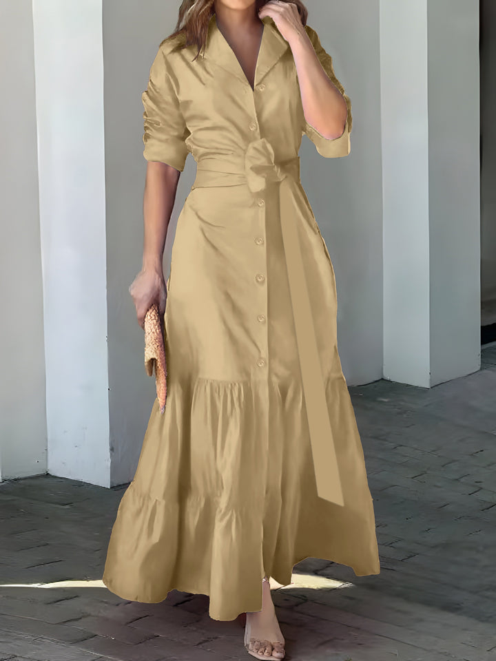 Solid Button Front Belted Dress, Elegant Ruched Sleeve Ruffle Trim Maxi Dress, Women's Clothing