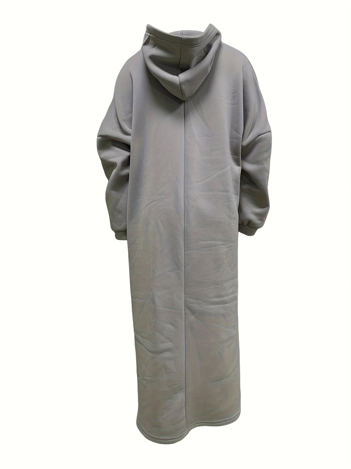 Plus Size Casual Sweatshirt Dress, Women's Plus Solid Lantern Sleeve Split Hem Maxi Hoodie Dress