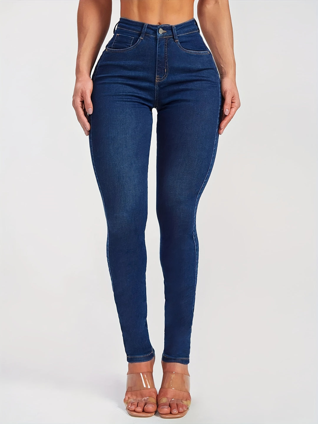 Women's High Waist Stretchy Skinny Leg Jeans, Solid Butt Lifting Denim Pants, Classic Side Patchwork Jeans