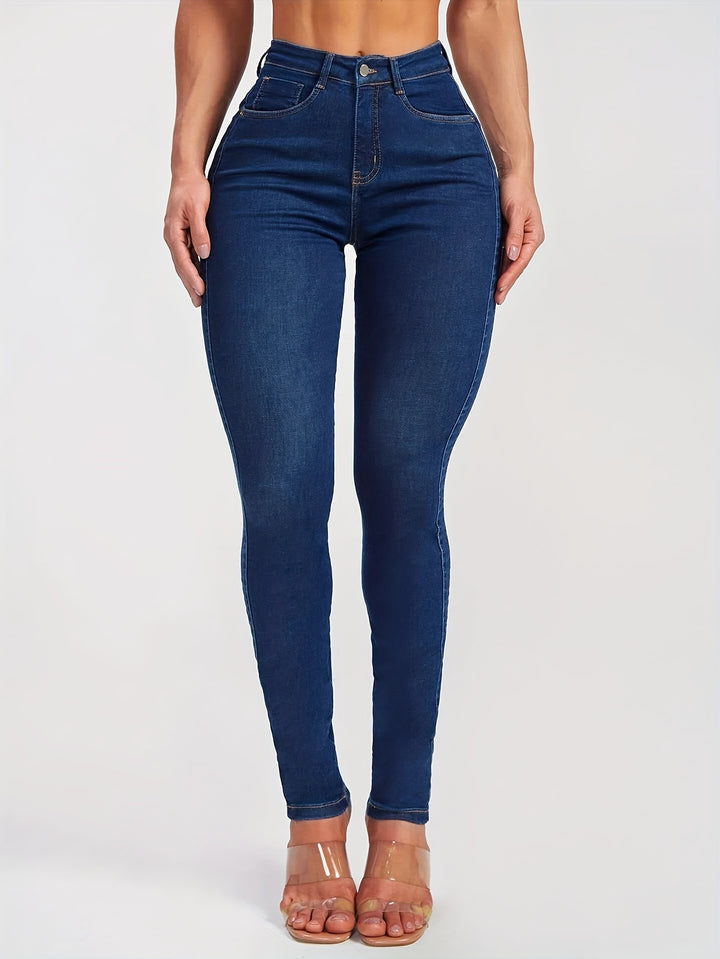 Women's High Waist Stretchy Skinny Leg Jeans, Solid Butt Lifting Denim Pants, Classic Side Patchwork Jeans