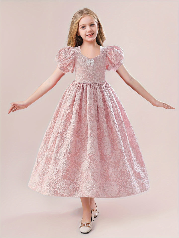 Girls Puff Sleeve Embroidered Princess Dress With Bowknot For Party Wedding Kids Special Occasion Clothing