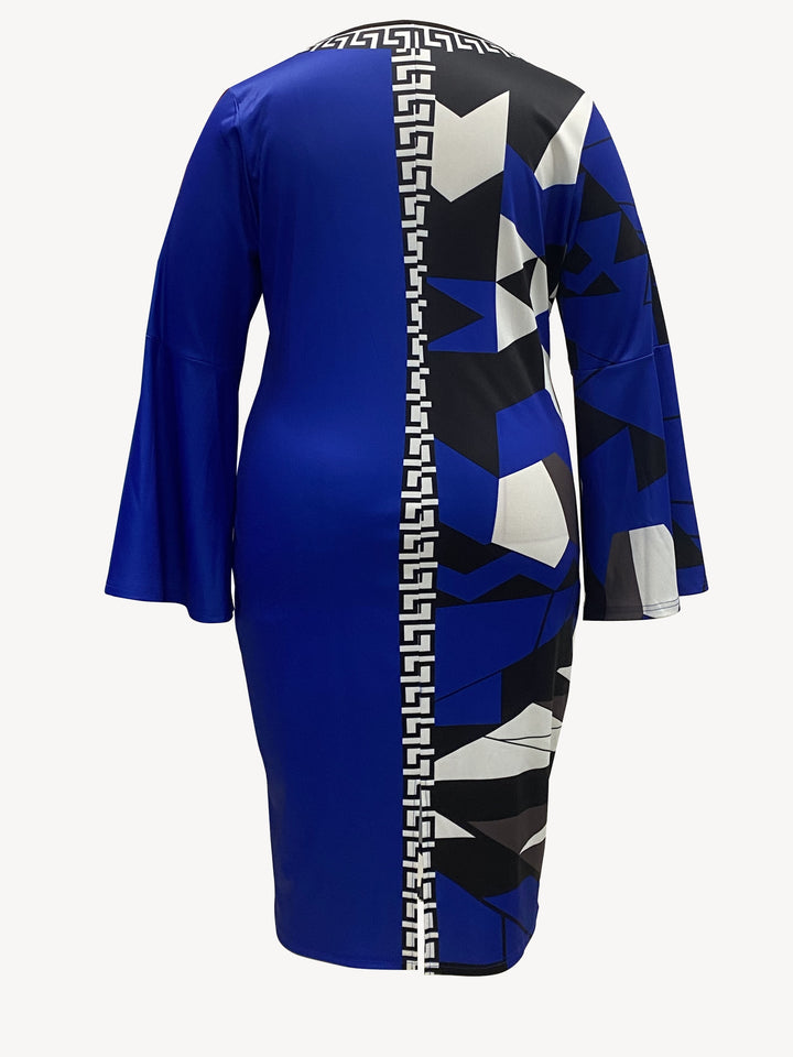 Stylish Plus Size Dress for Women, Colorblock Geometric Print with Bell Sleeves and Medium Stretch Fit